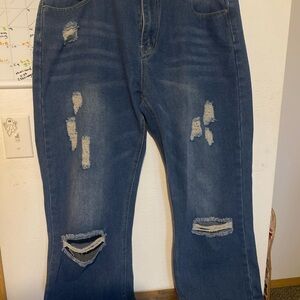 Stylish Distressed Flare Jeans in Classic Blue